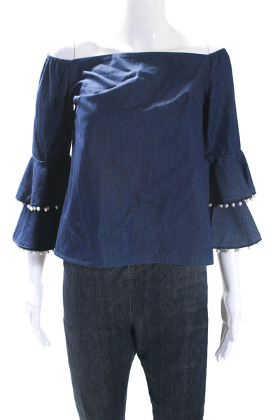 Intermix Womens Pearled Trim Off-the-Shoulder Ruffled Sleeve Blouse Blue Size P