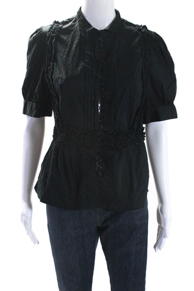 Just Cavalli Womens Cotton Ruffled Front Short Sleeve Button Up Top Black Size S