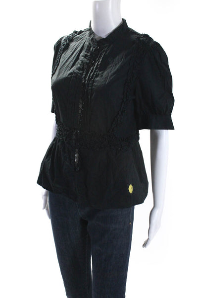 Just Cavalli Womens Cotton Ruffled Front Short Sleeve Button Up Top Black Size S