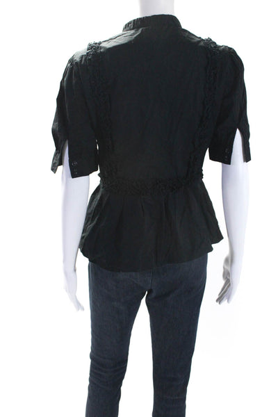 Just Cavalli Womens Cotton Ruffled Front Short Sleeve Button Up Top Black Size S