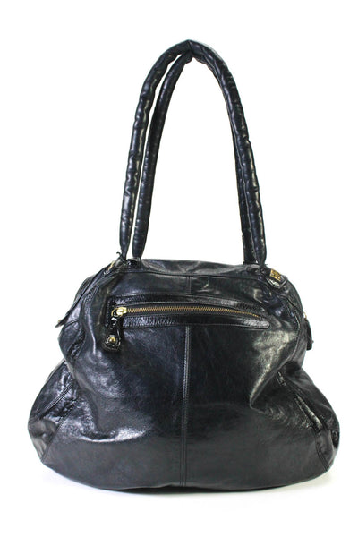 Luba Grained Leather Double Puff Handle Top Zip Hobo Shoulder Handbag Black