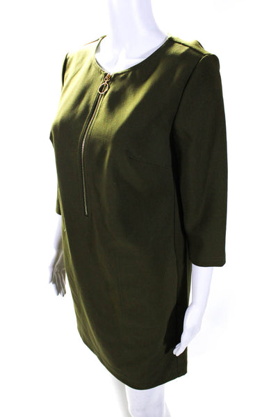 Trina Turk Womens Half Zip Crew Neck 3/4 Sleeve Shift Dress Green Size 2