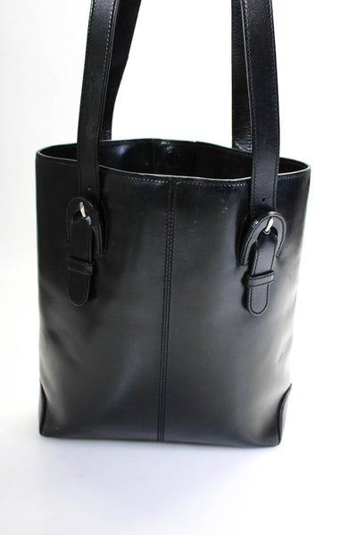 Tods Womens Double Handle Logo Front Medium Tote Shoulder Handbag Black Leather