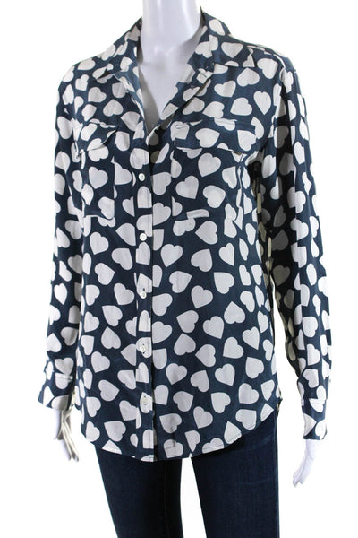 Equipment Femme Womens 100% Silk Heart Print Buttoned Blouse Blue White Size XS