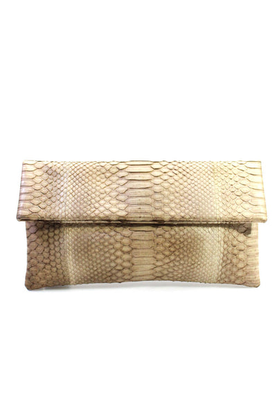 Primary New York Womens Python Leather Magnetic Fold Over Clutch Handbag Brown