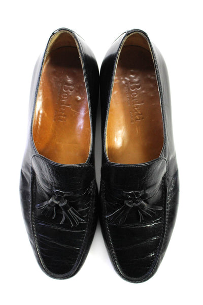 Berluti Mens Round Toe Leather Tassel Flat Slip On Loafers Black Size 7.5