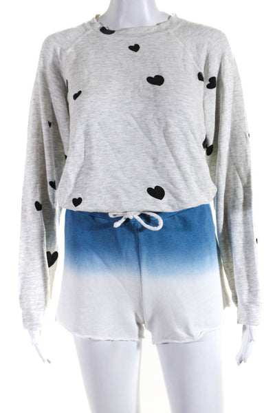 Monrow Chaser Womens Heart Print Crew Sweatshirt Shorts Gray Blue Size S M Lot 2