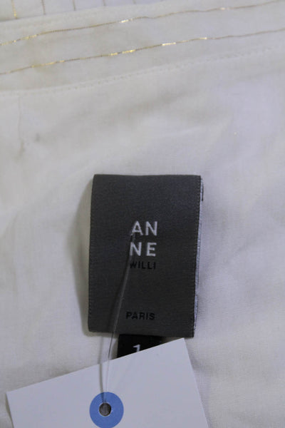 Anne Willi Womens Metallic Pinstripe Short Sleeve V Neck Top Blouse White Size 1