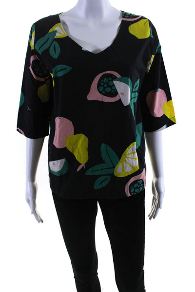 Anne Willi Womens Fruit Print Half Sleeve Top Blouse Black Yellow Pink Size 2