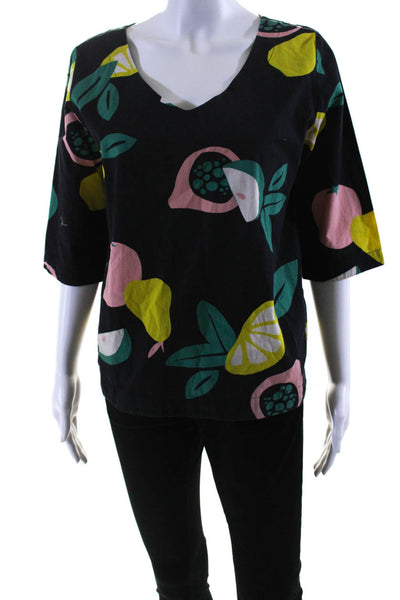 Anne Willi Womens Fruit Print Half Sleeve Top Blouse Black Yellow Pink Size 2