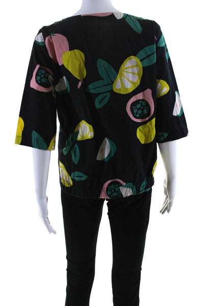 Anne Willi Womens Fruit Print Half Sleeve Top Blouse Black Yellow Pink Size 2