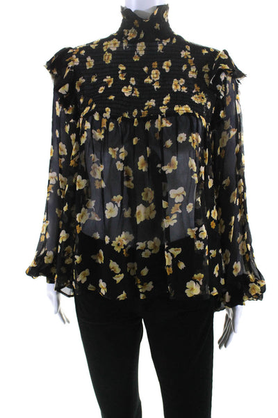 The Kooples Womens Long Sleeve Floral Turtleneck Top Blouse Black Yellow Size 1