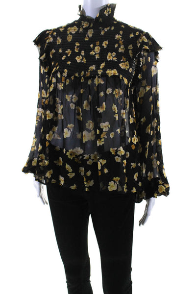 The Kooples Womens Long Sleeve Floral Turtleneck Top Blouse Black Yellow Size 1