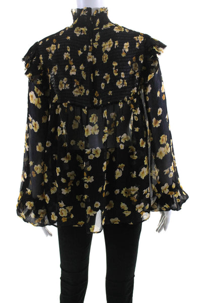 The Kooples Womens Long Sleeve Floral Turtleneck Top Blouse Black Yellow Size 1