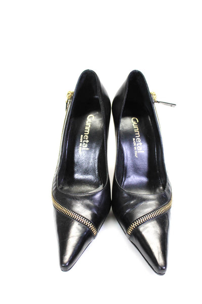 Gunmetal Womens Leather Pointed Toe Zipper Trim Stiletto Pumps Black Size 6.5US