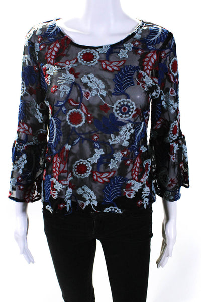 Aqua Womens Floral Embroidered Sheer 3/4 Sleeved Blouse Black Blue Red Size M