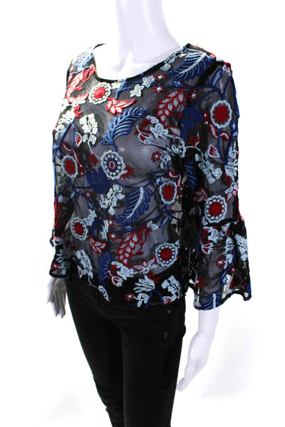 Aqua Womens Floral Embroidered Sheer 3/4 Sleeved Blouse Black Blue Red Size M