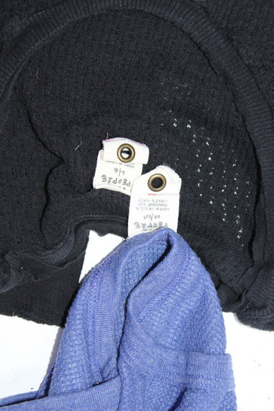 Free People Womens Waffle Knit Long Sleeved Shirts Blue Black Size M L Lot 2