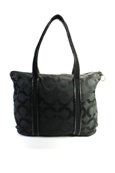 Coach Womens Patent Leather Piping Op Art Canvas Tote Handbag Black