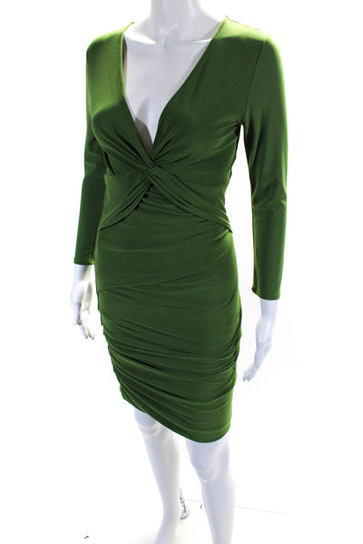 BCBGMAXAZRIA Womens Long Sleeve V Neck Ruched Sheath Dress Green Size Small
