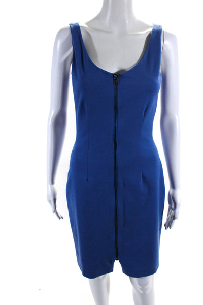 Amy Matto Womens Front Zip Sleeveless V Neck Knit Sheath Dress Blue Size 4