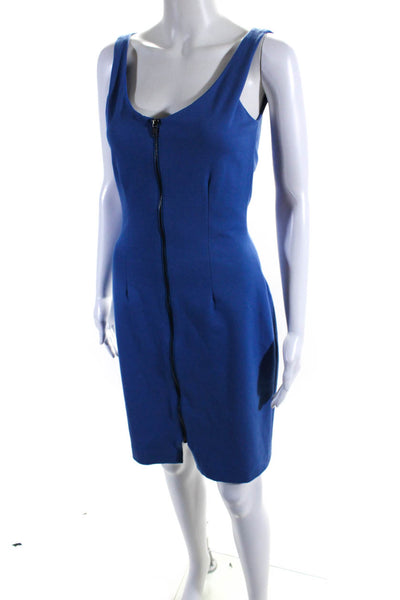 Amy Matto Womens Front Zip Sleeveless V Neck Knit Sheath Dress Blue Size 4