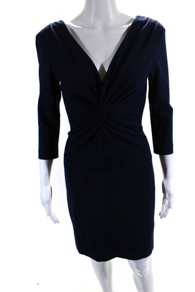 Amy Matto Womens Back Zip 3/4 Sleeve Twist Front Sheath Dress Navy Blue Size 2