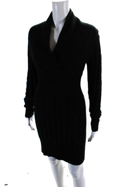 Searle Womens Long Sleeve Cable Cashmere Knit V Neck Sweater Dress Black Small