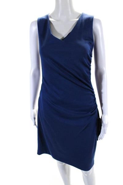 Amy Matto Womens Side Zip V Neck Ruched Knit Sheath Dress Blue Size 4