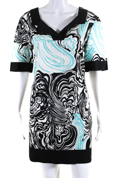 Laundry Shelli Segal Womens Marbled Y Neck Shift Dress Black White Blue Size 12