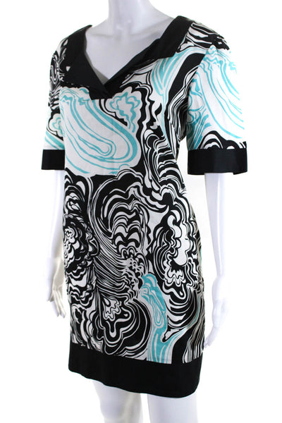 Laundry Shelli Segal Womens Marbled Y Neck Shift Dress Black White Blue Size 12