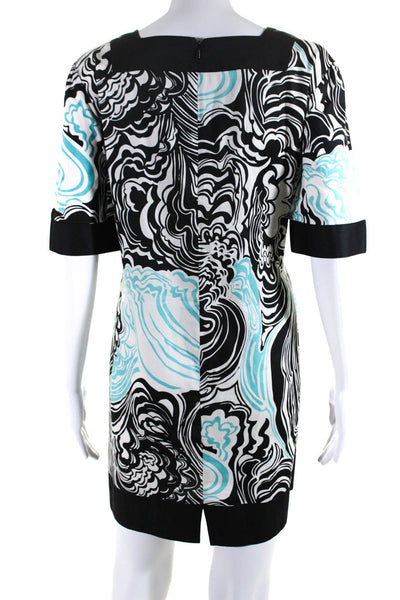 Laundry Shelli Segal Womens Marbled Y Neck Shift Dress Black White Blue Size 12