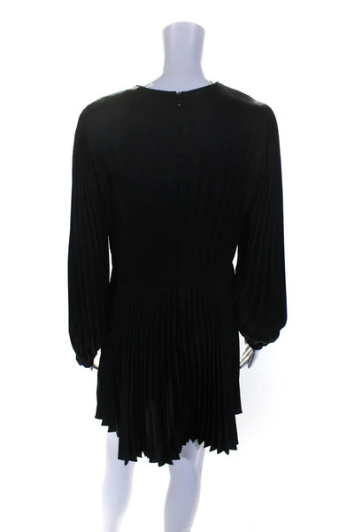 ALC Womens Black Pleated Crew Neck Zip Back Long Sleeve Shift Dress Size 10