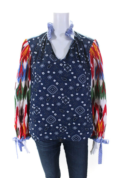 Joey Wolffer Womens Long Sleeve Ikat Bandana Print V Neck Top Blue Multi XS/S