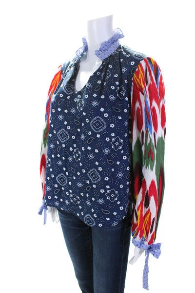 Joey Wolffer Womens Long Sleeve Ikat Bandana Print V Neck Top Blue Multi XS/S