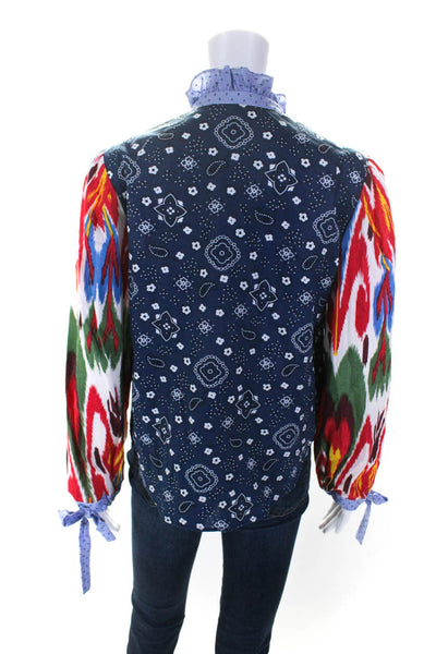 Joey Wolffer Womens Long Sleeve Ikat Bandana Print V Neck Top Blue Multi XS/S