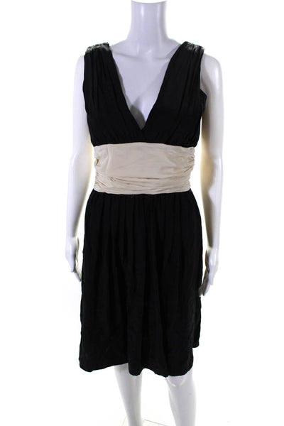 Abaete Womens Silk V Neck Sleeveless A Line Dress Black White Size 8