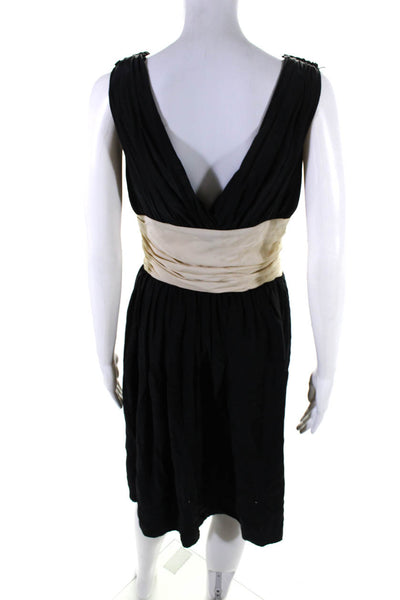 Abaete Womens Silk V Neck Sleeveless A Line Dress Black White Size 8