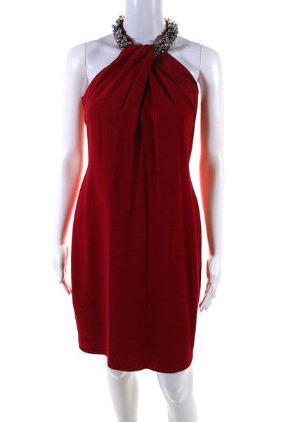 Carmen Marc Valvo Womens Beaded Sleeveless Shift Dress  Red Silver Tone Size 4