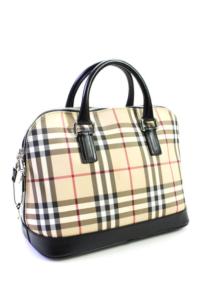 Burberry Womens Leather Trim Rolled Handle Nova Check DomeTote Handbag Beige Bla