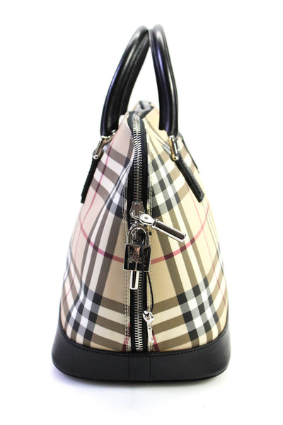 Burberry Womens Leather Trim Rolled Handle Nova Check DomeTote Handbag Beige Bla
