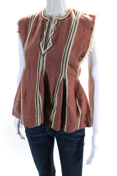 Etoile Isabel Marant Womens Red Cotton Striped Fringe V-Neck Blouse Top Size 34