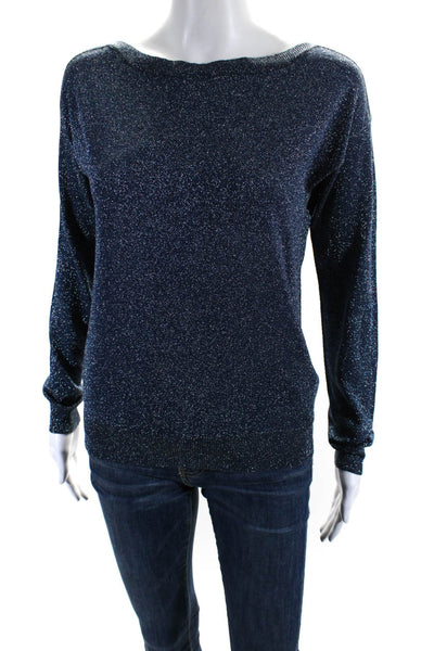 Rebecca Taylor Womens Crew Neck Long Sleeves Sweater Blue Metallic Size Small