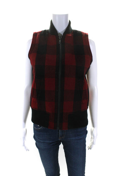 Madewell  Womens Red/Black Wool Buffalo Check Mock Neck Zip Vest Jacket Size XS