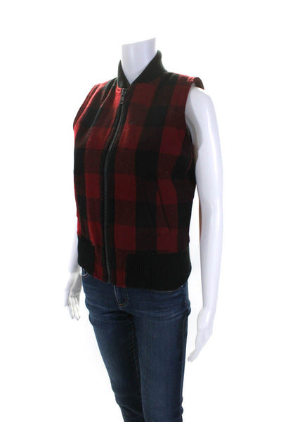 Madewell  Womens Red/Black Wool Buffalo Check Mock Neck Zip Vest Jacket Size XS