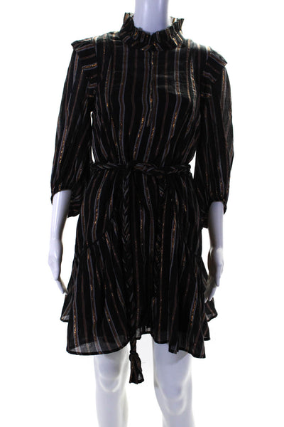 Apiece Apart Womens Striped Braided Belt Long Sleeved Dress Black Brown Size 2