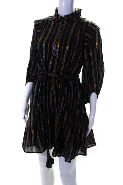 Apiece Apart Womens Striped Braided Belt Long Sleeved Dress Black Brown Size 2