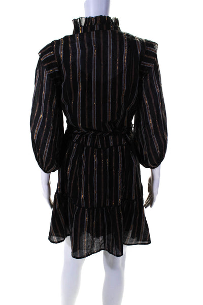 Apiece Apart Womens Striped Braided Belt Long Sleeved Dress Black Brown Size 2