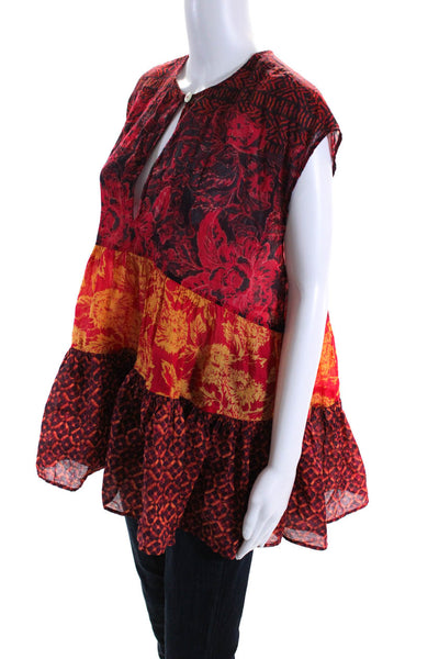 Free People Womens Red Mixed Print Crew Neck Sleeveless Tunic Blouse Top Size XS