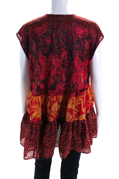 Free People Womens Red Mixed Print Crew Neck Sleeveless Tunic Blouse Top Size XS